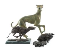 MODERN PATINATED BRONZE SCULPTURE OF A LURCHER, 32cms (h); together with a bronzed finish resin