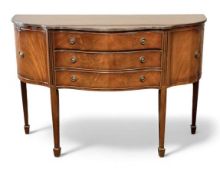 REPRODUCTION MAHOGANY SERPENTINE FRONT SIDEBOARD, end cupboards flanking three central drawers, on
