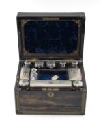 VICTORIAN COROMANDEL BRASS INLAID VANITY BOX, fitted with silver-topped bottles, two secret drawers,