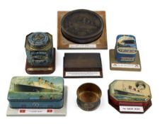 ASSORTED SHIPPING COLLECTABLES, including vintage tins, RMS Queen Mary, Lusitania, and the MV