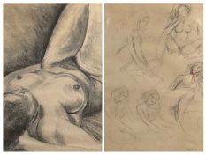 UNKNOWN large pencil drawing - reclining nude, initialled 'T.T.', 58 x 49cms; and UNKNOWN pencil