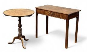 VICTORIAN MAHOGANY TILT & TRAY TOP WINE TABLE, on a tripod base, 69 (h) x 59cms (diam.); and a later