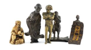 VIENNESE COAL PAINTED BRONZE FIGURE of a carpet seller, 8.5cms (h); bronze figure of a satyr,
