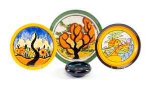 WEDGWOOD CLARICE CLIFF LIMITED EDITION PLATES, largest 26cms (diam.); and a Moorcroft clematis