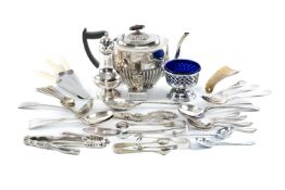 ASSORTMENT OF LOOSE SILVER-PLATED & OTHER CUTLERY, plated teapot, sugar caster, etc. Provenance: