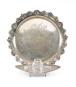 EDWARDIAN SILVER INKSTAND by William Neal, Chester 1906, 18.5cms; and a silver-plated circular tray,