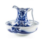 WOOD & SONS ROYAL STAFFORDSHIRE 'ST. REGIS' PATTERN ART NOUVEAU JUG & BOWL, blue, white, and