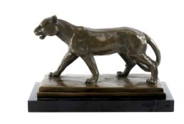 AFTER BARYE bronze sculpture - lioness, mounted on a polished black marble base, 16.5 (h) x 24cms (
