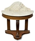VICTORIAN MAHOGANY DEMILUNE WASHSTAND with marble top and splash back, on ball and claw front