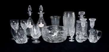 ASSORTMENT OF GOOD QUALITY CUT GLASSWARE, including two decanters with Royal Adderley wine labels,
