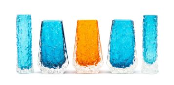 SELECTION OF WHITEFRIARS TEXTURED VASES, comprising two coffin vases in kingfisher blue, 13.5cms (