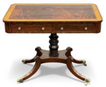 REGENCY MAHOGANY & SATINWOOD BANDED PEDESTAL LIBRARY TABLE, with cast brass toes and castors, 72 (h)