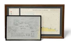 HAND-DRAWN MAP DENOTING WRECKS OF NORTH WALES, 47 x 67cms; and colour scale map 'Hydrographic