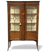 GOOD EDWARDIAN TWO-DOOR CHINA CABINET with garland inlay detail, 170 (h) x 111 (w) x 37cms (d)