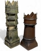 TWO CASTELLATED TOPPED STONEWARE CHIMNEY POTS, one salt glazed, 120cms (h) the tallest Provenance: