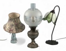 THREE VINTAGE LAMPS, to include metal-based oil lamp with etched glass shade, Tiffany style table