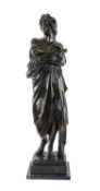 LARGE BRONZE FIGURE OF A ROMAN wearing classical robes, on a grey marble stepped base, signed '