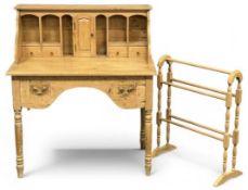 STRIPPED PINE DESK with fitted top, single drawer, and on turned supports, 111 (h) x 97 (w) x