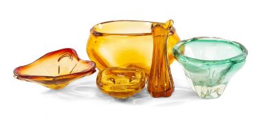 LARGE AMBER TINTED GLASS BOWL, possibly Italian, 30cms (w); green tinted heavy glass bowl, 22cms (