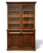 VICTORIAN MAHOGANY BOOKCASE CABINET, twin upper glazed doors with adjustable interior shelves,