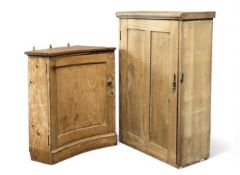 TWO VINTAGE LIGHT WOOD CUPBOARDS, one single-door cupboard with adjustable interior shelves, 114 (h)