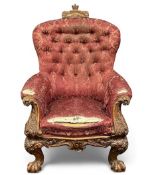 SUPER QUALITY VICTORIAN CARVED WALNUT BUTTON BACK UPHOLSTERED ARMCHAIR, of exagerrated proportions
