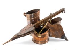 COPPER HELMET SHAPED COAL SCUTTLE, 28cms, another copper coal scuttle, pair of elm bellows, coal