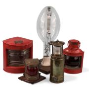 VINTAGE LIGHTING, McGeoch 0583 900-4090 brass cased battery miner's lamp; Thorn 1000w lamp with