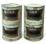 PAIR OF VINTAGE COPPER TWIN NAVIGATIONAL SHIPS LAMPS, verdigris finish, 62cms (h) Provenance: