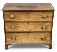 VICTORIAN MAHOGANY CHEST OF THREE LONG DRAWERS, with brass ring handle and backplates, on bracket