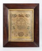19TH CENTURY NEEDLEWORK SAMPLER, floral border, decorative motifs within including basket of