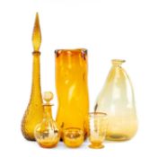LARGE ITALIAN AMBER TINTED GLASS CYLINDER VASE, 41cms (h); Whitefriars small amber tinted vase, with