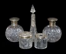 PAIR OF SILVER & CUT-GLASS GLOBULAR SCENT BOTTLES, Birmingham 1925 and London 1916, 13cms (h);