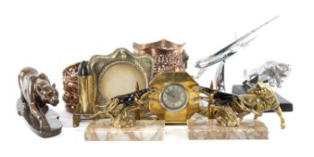 VINTAGE TRENCH ART STYLE COPPER MANTEL CLOCK, together with a cast aluminium Jaguar model mascot,