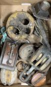 ASSORTED MARINE PULLEY BLOCKS, two deadeyes, morse code buzzer, and RNLI oil gauge Provenance: