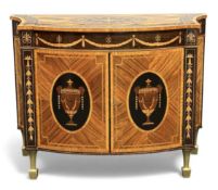 CHIPPENDALE REVIVAL EBONY, SATINWOOD & MARQUETRY COMMODE, the bowed doors opening to a single shelf,