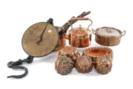 VICTORIAN & LATER KITCHENALIA, including nest of Victorian style copper pans, largest 20cms (diam.);