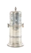 EDWARDIAN SILVER 'LIGHTHOUSE' SUGAR CASTER, twist-off top with side lugs, pierced and with finial,