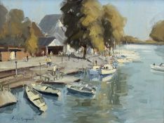 ‡ JAMES LONGUEVILLE (British, b. 1942) oil on board - entitled 'Boats at Chester' and dated 1977