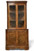 ATTRACTIVE REPRODUCTION BURR WALNUT CORNER CUPBOARD, one piece with two over two drawers and