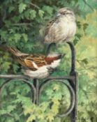 ‡ ELIZABETH M. HALSTEAD (British, 20th century) oil on board - sparrows perched on gate, signed