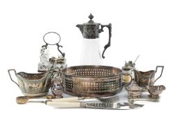 ASSORTED PLATED WARE & METALWARE, including four-bottle cruet, condiment set on stand, claret jug