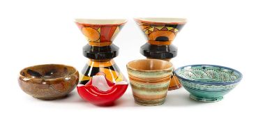 PAIR OF LORNA BAILEY OLD ELLGREAVE POTTERY WALL POCKETS, in Art Deco style, 20cms (h); Royal Doulton