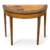PAINTED SATINWOOD DEMILUNE FOLD-OVER CARD TABLE, in Sheraton revival style with floral painted