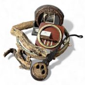 VARIOUS SHIPWRECK FINDS, a wooden and iron ship's deadeye, remains of a ship's wheel, 88cms (diam.);