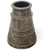 19TH CENTURY SHIP'S WATER CHURN, coopered wood with steel bands and ring handles, with lid, 71cms (