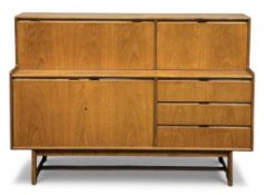 MID-CENTURY TEAK HIGHBOARD the upper drop-down sections with dividers and mirrored interior, over