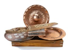 ASSORTMENT OF DECORATIVE ITEMS, including metal clad jewellery table, carved wooden wall mask,