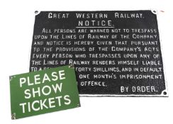 RAILWAYAN SIGNAGE comprising Great Western Railway original cast iron 'By Order' sign (repainted),