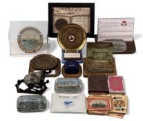 ASSORTED MARITIME COLLECTABLES, including replica of the German Lusitania medal, tin American Line